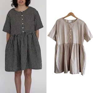Morning Dip Beige Gingham Linen Cotton Short Sleeve Dress
